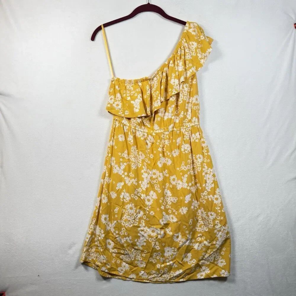 Old Navy One Shoulder Dress Small Yellow White Floral Ruffle Lined Boho